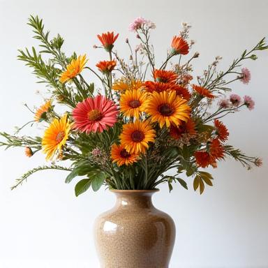 Composizione floreale artistica in un vaso di ceramica.